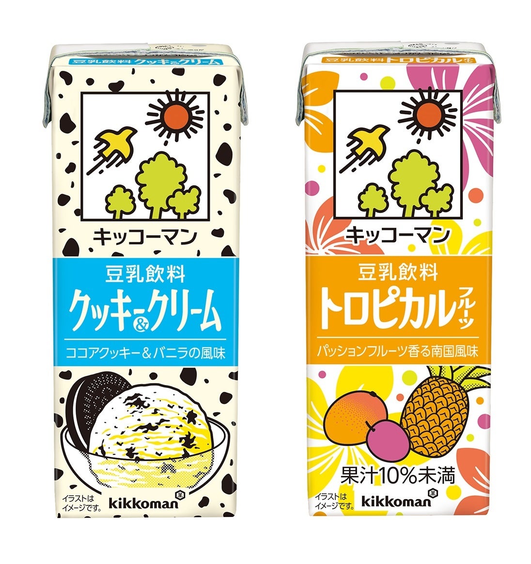 キッコーマン、豆乳飲料に新フレーバークッキー＆クリーム、トロピカルフルーツを追加、豆乳アイスとしても楽しめる